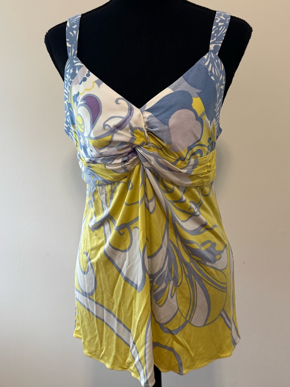Elie Tahari Yellow and Blue Floral Twist-Front Chemise